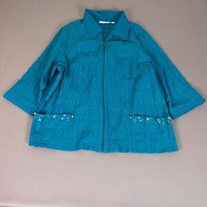 Breckenridge Jacket Women's 3X Teal Blue Crinkle Zip Front Studded 3/4 Sleeve